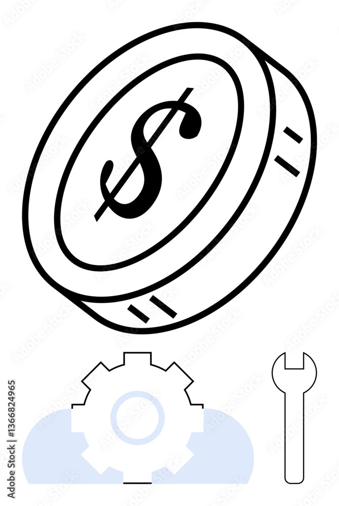 Coin with dollar sign floating above a gear and wrench, symbolizing financial tools, economic management, cost optimization. Ideal for business, finance, investment, planning, strategy productivity Coin with dollar sign floating above a gear and wrench, symbolizing financial tools, economic management, cost optimization. Ideal for business, finance, investment, planning, strategy productivity