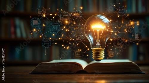 Glowing light bulb emerging from an open book symbolizing the spark of innovative ideas creative thinking and scientific discovery  The image represents the power of knowledge research