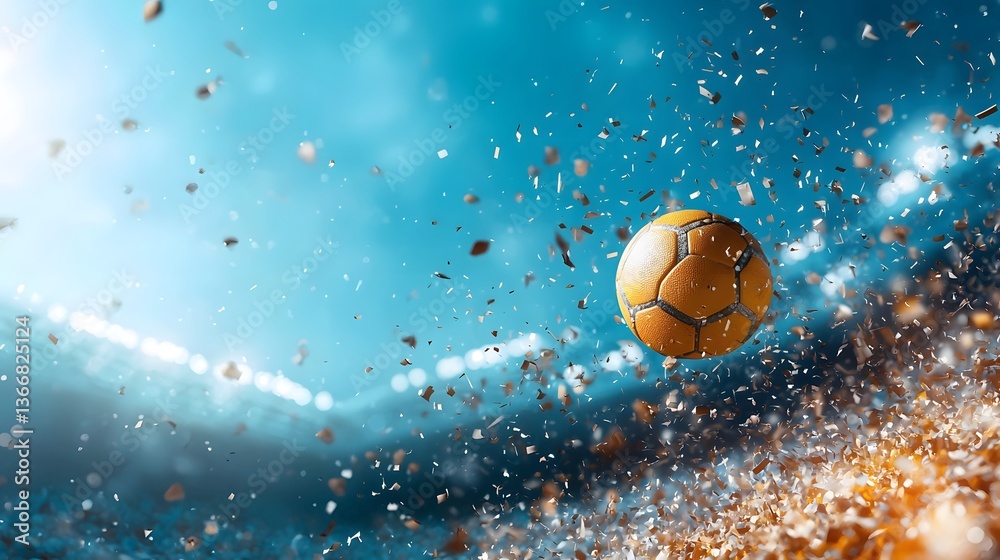 Naklejka premium A vibrant and dynamic image capturing the excitement and energy of a soccer match with the ball soaring through the air amidst a blur of motion and surrounded by a vivid outdoor setting