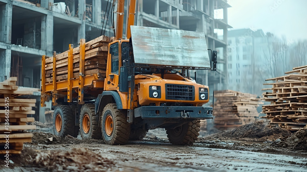 Obraz premium A heavy duty multi wheeled construction truck navigating through a busy building site surrounded by piles of construction materials and unfinished structures