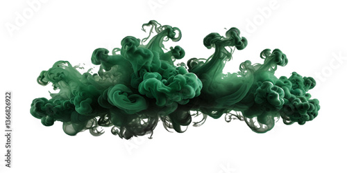 Beautiful green smoke plume isolated on transparent background. 