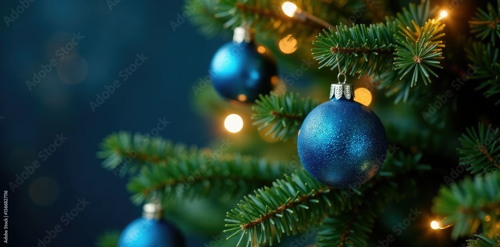 Majestic fir tree with clusters of bright blue glass ornaments suspended from its branches under sparkling string lights, blue baubles, festive atmosphere Majestic fir tree with clusters of bright blue glass ornaments suspended from its branches under sparkling string lights, blue baubles, festive atmosphere