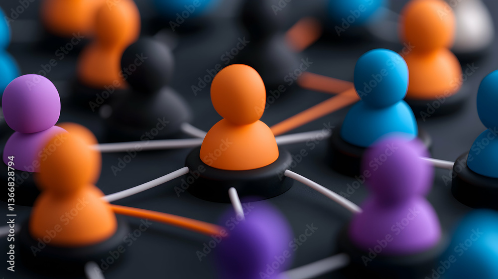 Obraz premium Abstract Network Connections: Orange, Blue, and Purple 3D Figures on Black Background