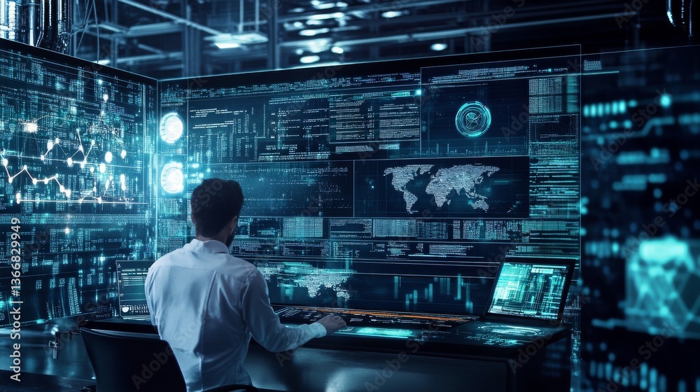 A blockchain developer working on AI powered decentralized solutions for crypto backed decentralized logistics management, futuristic logistics lab with live data, High-tech style