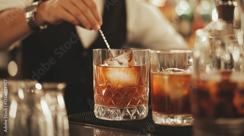 A chic bar with crystal-clear glassware, elegant and a bartender preparing signature drinks.