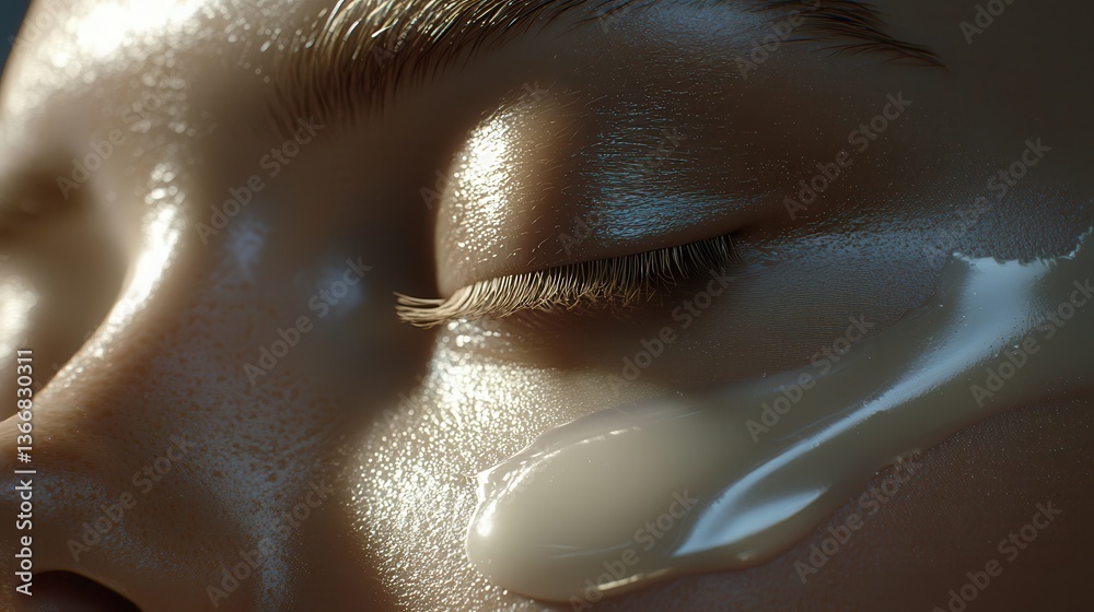 Fototapeta premium Closeup of a face with glowing skin and cream