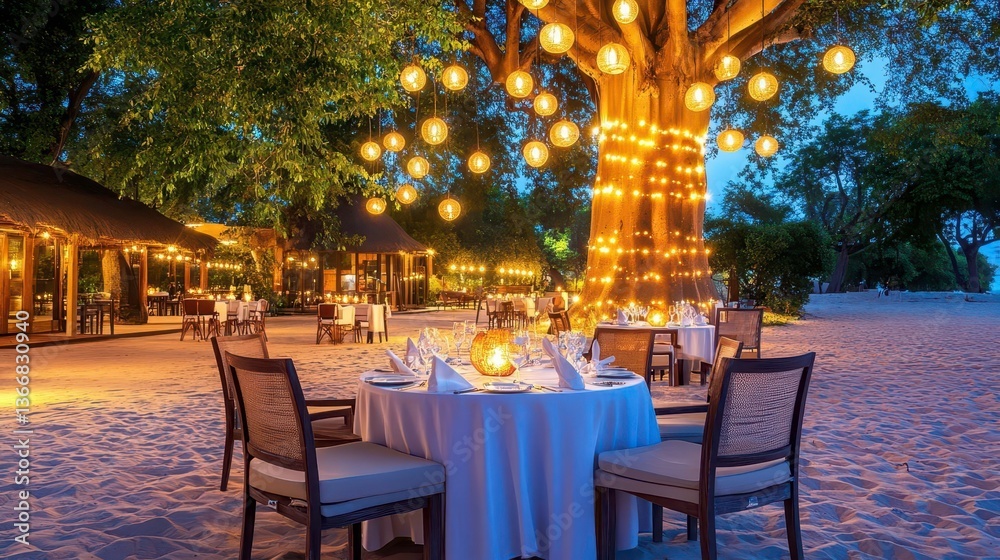 Fototapeta premium Romantic Beach Dinner, Fairy Lights, Tree - Romantic getaways