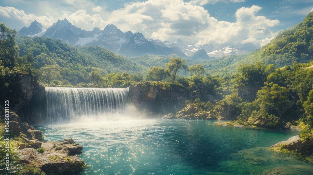 dam with crystal-clear water flowing down a river, set in the heart of a lush valley and framed by distant mountain ranges. dam with crystal-clear water flowing down a river, set in the heart of a lush valley and framed by distant mountain ranges.