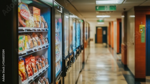 vending machine in a university hallway  stocked with a mix of sweet and savory snacks  perfect for students.