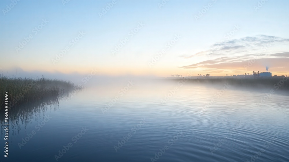 wastewater treatment pond at dawn, with fog hovering over the surface of the water, and equipment visible in the distance. wastewater treatment pond at dawn, with fog hovering over the surface of the water, and equipment visible in the distance.