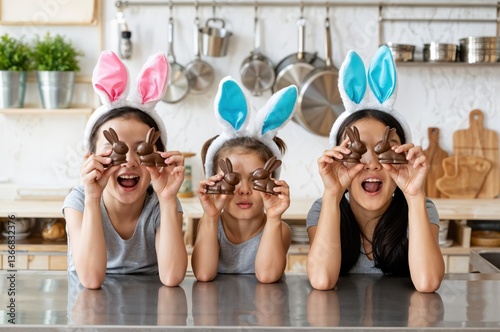 Three cheerful children wearing colorful bunny ears playfully hold up chocolate bunnies in a vibrant kitchen. The atmosphere exudes excitement and creativity during the Easter festivities.