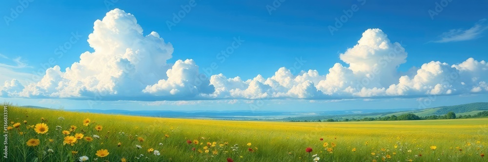 Fototapeta premium Majestic stratocumulus clouds layered over vast meadows and wildflowers, landscape, blue sky, clouds