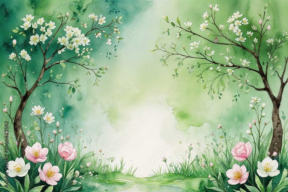 Ethereal Green Spring Watercolor Background with Nature Theme and Floral Accents