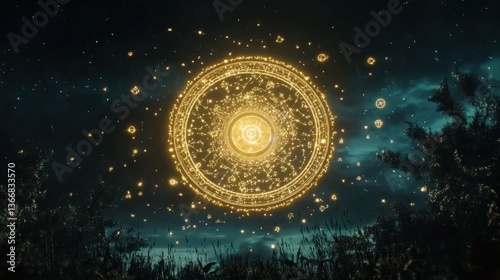 Glowing Magic Circle with Astrology Symbols in Dark Night Sky