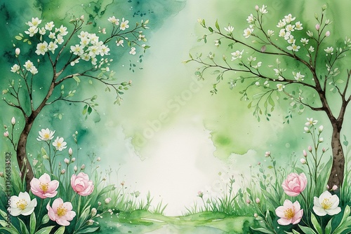 Obraz na płótnie Ethereal Green Spring Watercolor Background with Nature Theme and Floral Accents w salonie