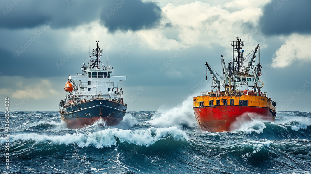 Fototapeta premium Two Ships Collide Amidst Stormy Seas, Symbolizing Nature's Unpredictable Power