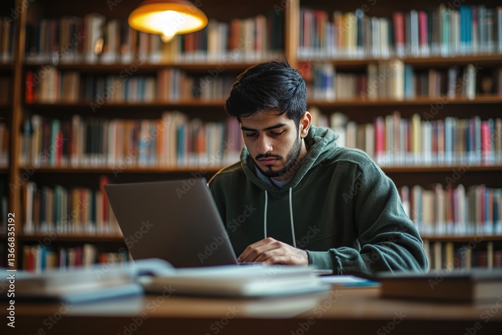 Focused Indian student guy sit at desk in library, studying, e-learning, improve math or language subject knowledge, preparing to higher education institution admission using laptop. Gen Z, education Focused Indian student guy sit at desk in library, studying, e-learning, improve math or language subject knowledge, preparing to higher education institution admission using laptop. Gen Z, education