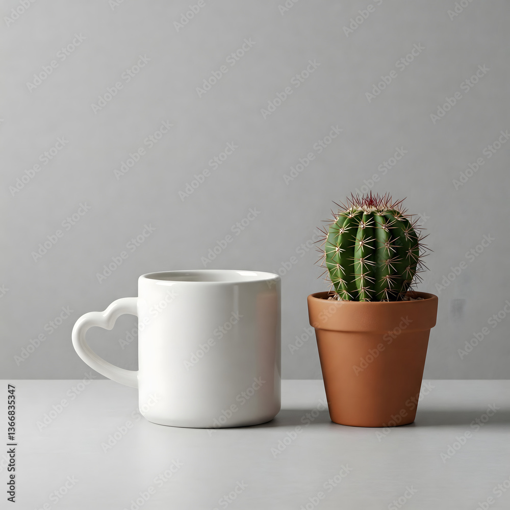 A white coffee mug with a heart-shaped handle, placed next to a small potted cactus on a wooden surface against a minimalist background. Perfect for a cozy atmosphere or modern decor. A white coffee mug with a heart-shaped handle, placed next to a small potted cactus on a wooden surface against a minimalist background. Perfect for a cozy atmosphere or modern decor.