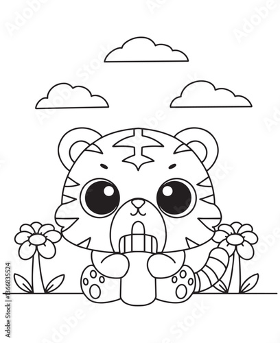 Coloring book tiger eating candy stick, sitting between flowers under a cloudy sky