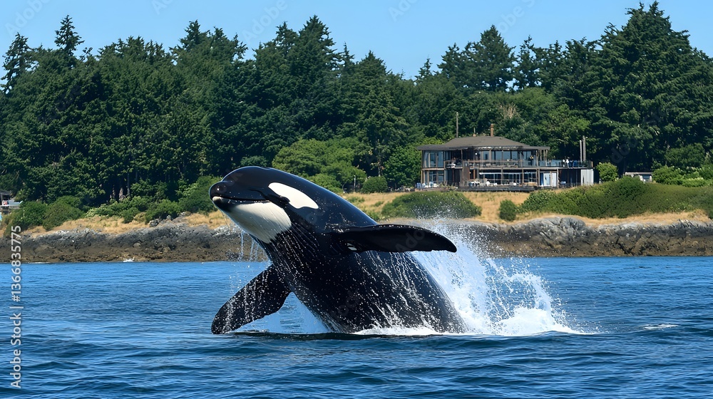 Obraz premium A majestic killer whale soaring high above the waves showcasing its impressive size and strength as it breaches the serene ocean surface