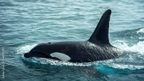 A powerful and graceful killer whale breaching the calm blue waters of the ocean showcasing its impressive size and agility