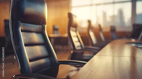 An empty conference room with a long table and comfortable chairs surrounded by large that let in natural light creating a professional and productive atmosphere for business meetings and discussions