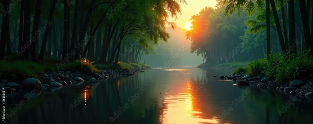 River flowing through a bamboo forest at twilight, river, peaceful River flowing through a bamboo forest at twilight, river, peaceful