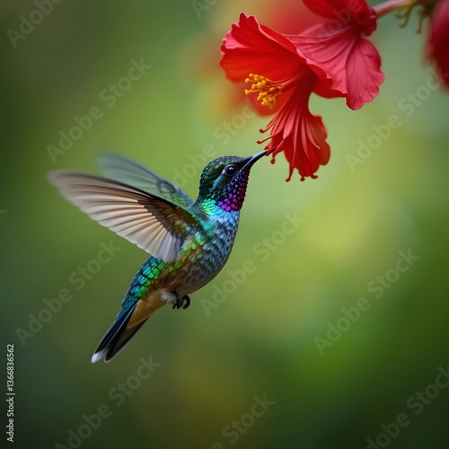 Hummingbird Hovering Near Flower