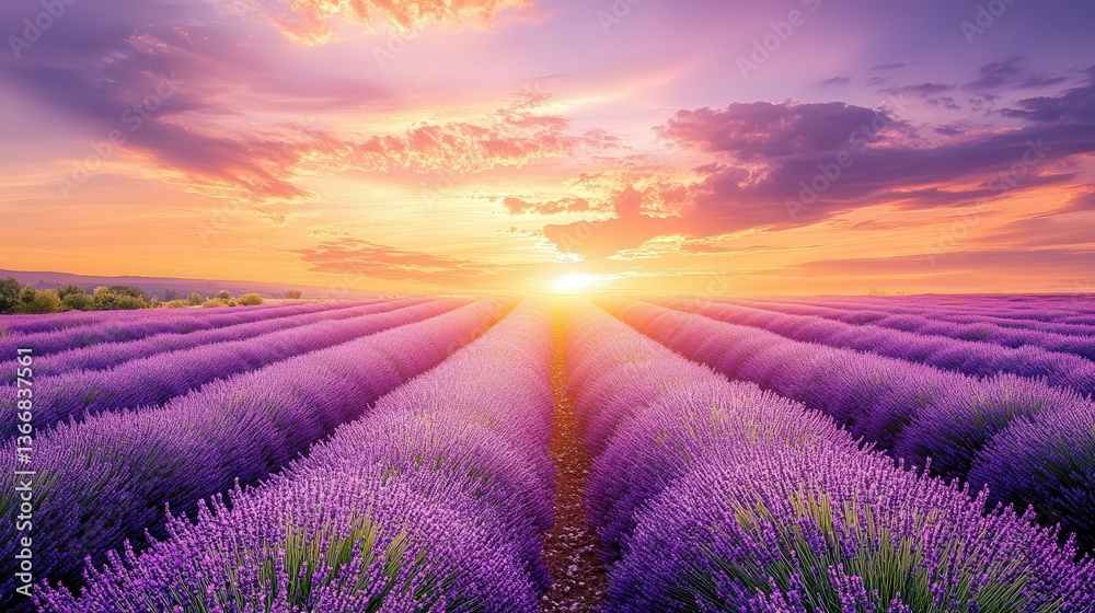 endless lavender fields under a vibrant sunset, with golden hues blending into soft purple and pink clouds above. endless lavender fields under a vibrant sunset, with golden hues blending into soft purple and pink clouds above.