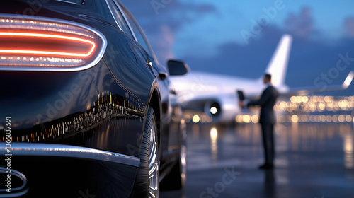 Sleek luxury vehicle awaits passengers at airport, reflecting city lights as plane is parked nearby. scene captures sense of elegance and anticipation
