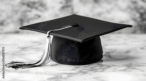 A black square graduation cap with a dangling tassel is displayed on a smooth surface symbolizing the academic achievement and milestone of higher education