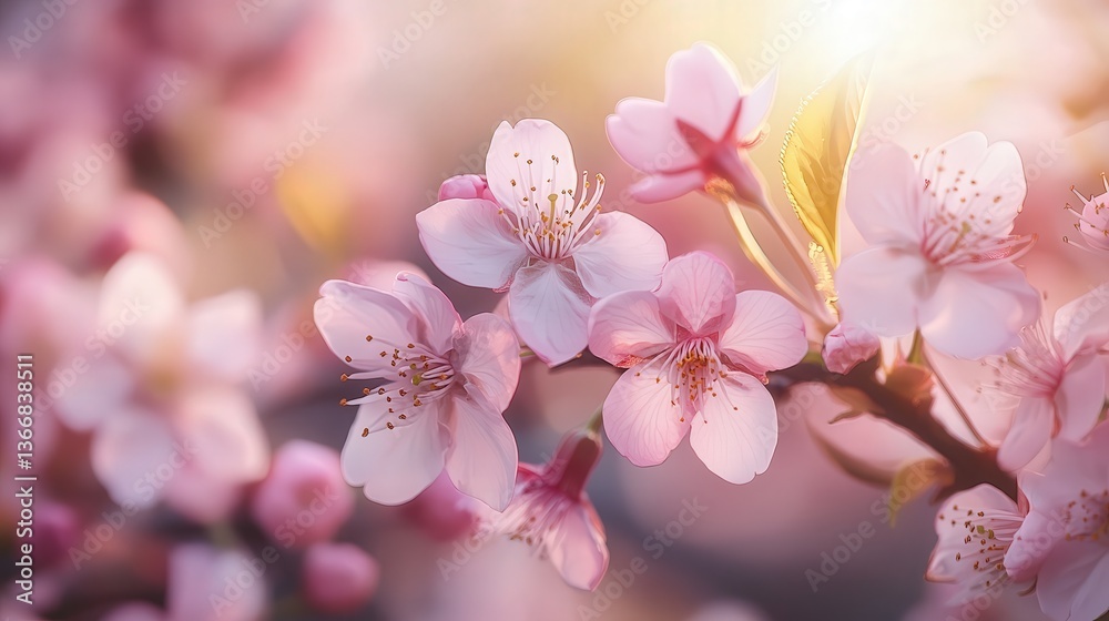 Obraz premium light pink cherry blossoms gently blooming on a branch, with soft petals glowing under the spring sunlight.