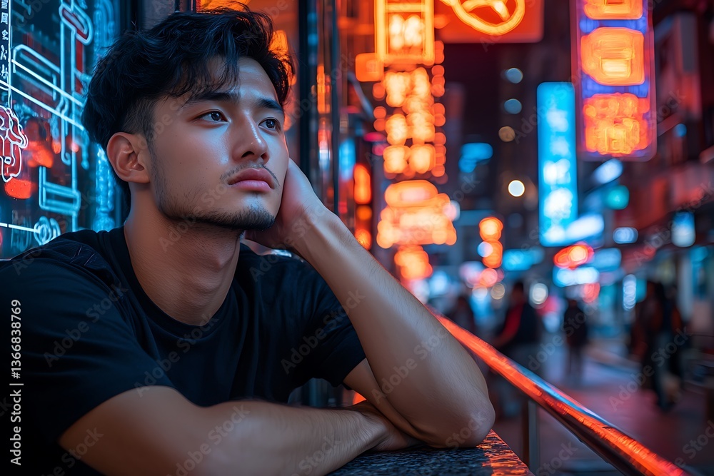 Obraz premium Contemplative young man urban night portrait