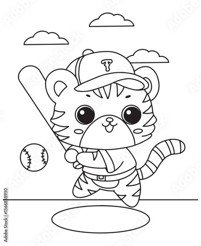 Coloring book tiger playing baseball with a bat and ball, wearing a cap, on a field under a cloudy sky