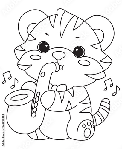 Coloring book tiger playing a saxophone with musical notes around. Fun line art for coloring