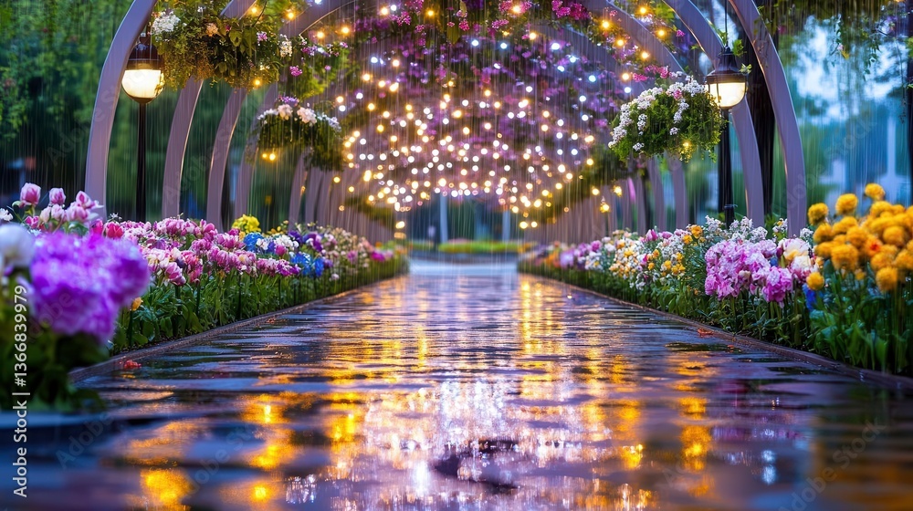 Obraz premium Romantic Rainy Night Garden Path Lights - Nature Photography