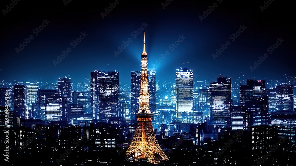 Obraz premium Night cityscape with illuminated tower and skyscrapers