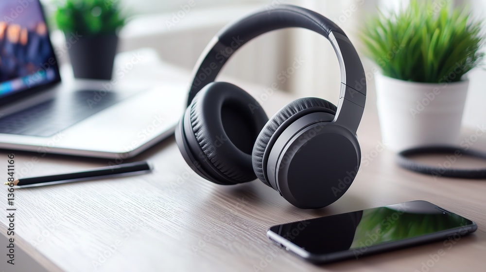 Modern Home Office Desk Setup Featuring Black Wireless Headphones Smartphone Laptop and Green Plants in a Bright Workspace Modern Home Office Desk Setup Featuring Black Wireless Headphones Smartphone Laptop and Green Plants in a Bright Workspace