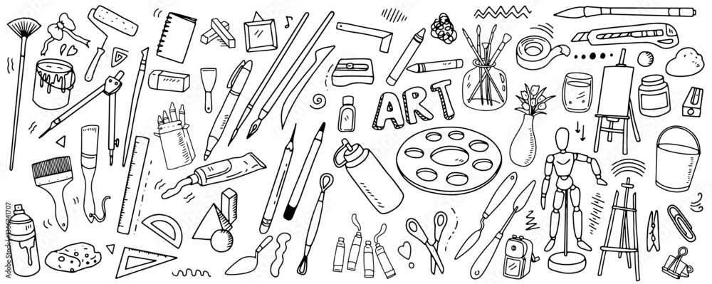 Set of artist supplies. Art and craft accessories such as brushes, knife, color, easel, palette. Vector illustration isolated on white background. Doodle hand drawn painting objects collection.