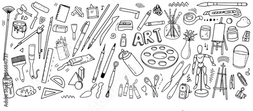 Set of artist supplies. Art and craft accessories such as brushes, knife, color, easel, palette. Vector illustration isolated on white background. Doodle hand drawn painting objects.