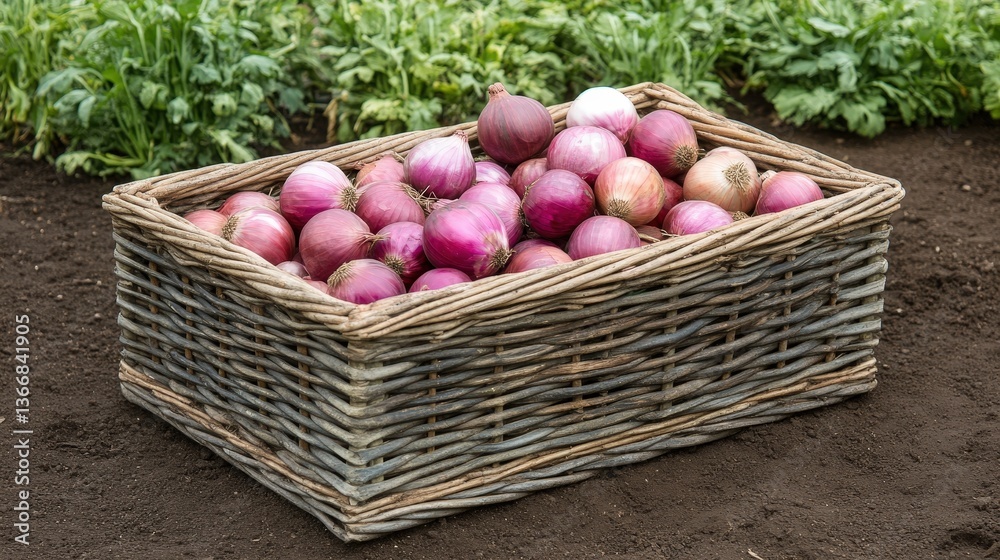 A vibrant collection of freshly harvested onions arranged in a rustic woven basket outdoors A vibrant collection of freshly harvested onions arranged in a rustic woven basket outdoors