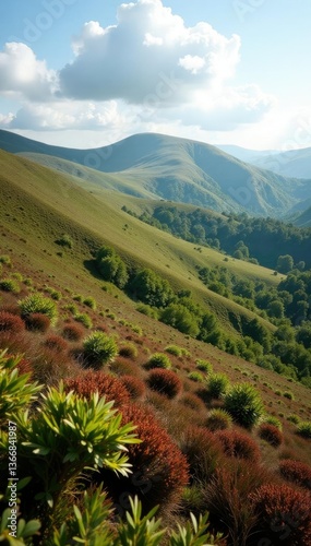 Undulating hills covered in ferns and heather, hilly terrain, moorland