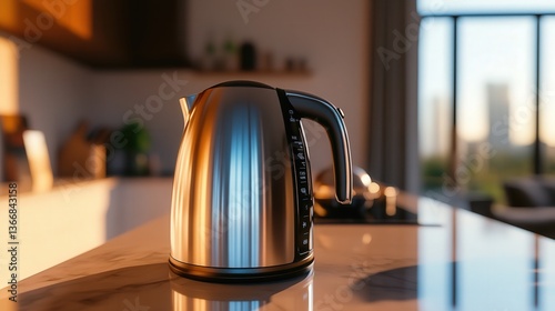 minimalistic electric kettle in an elegant kitchen, its sleek design and shiny surface capturing attention with every angle