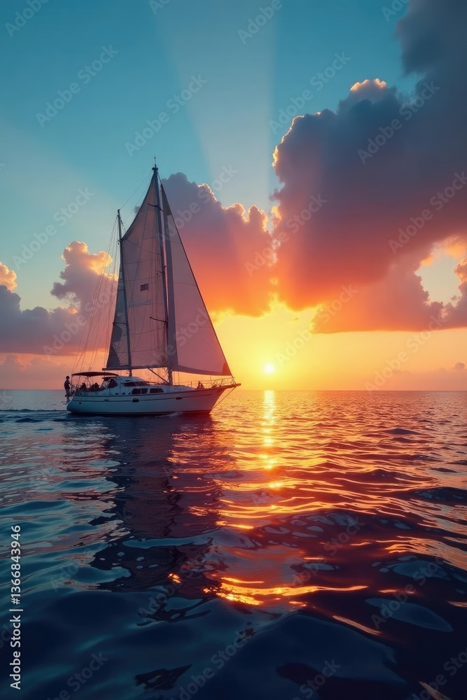 Fototapeta premium Velero en el horizonte con atardecer en el mar, mar Azul, barcos