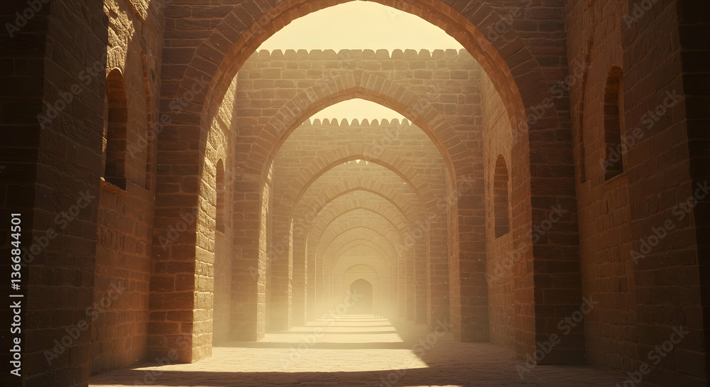Fototapeta premium Ancient Sunlit Stone Archway Corridor