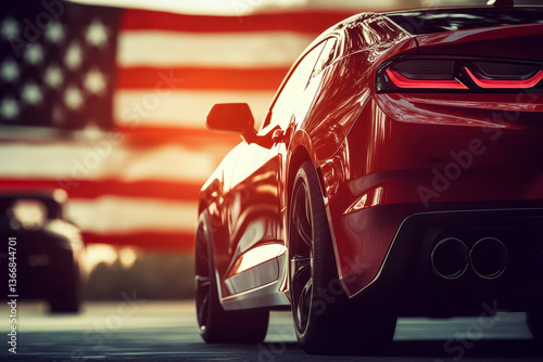 USA car tariffs tax concept. usa flag on background.