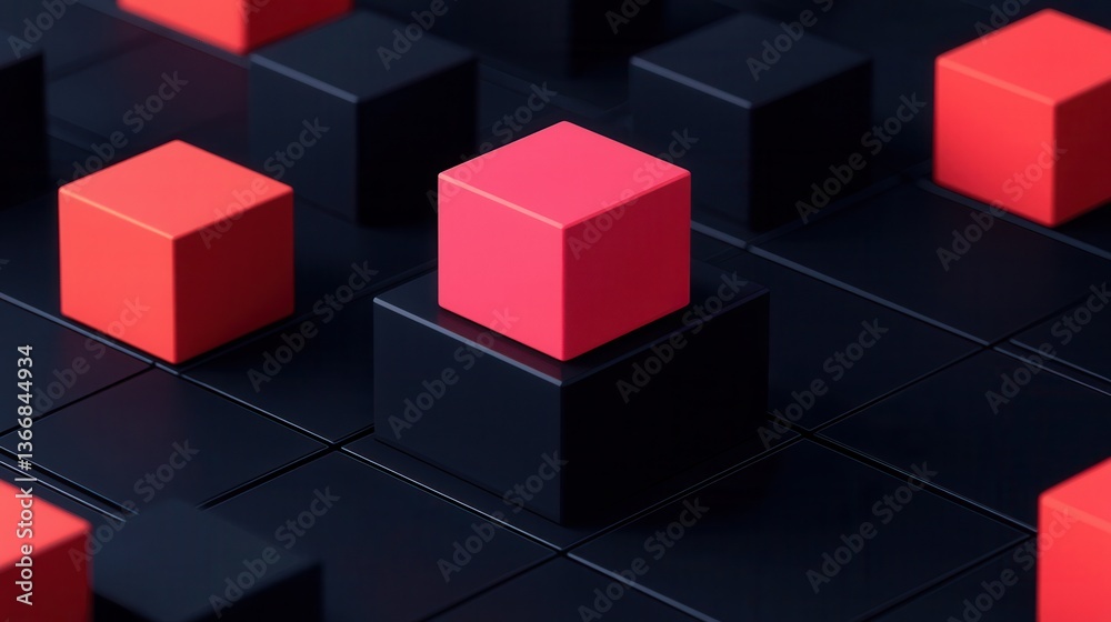 Obraz premium Vibrant Red Cube Stands Out Among Black Cubes in Abstract Geometric Arrangement