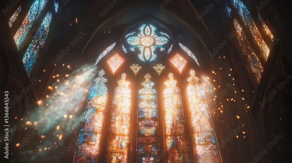 Obraz premium stained glass window in a Christian church, where the light filtering through the intricate design creates an atmosphere of peace and reverence
