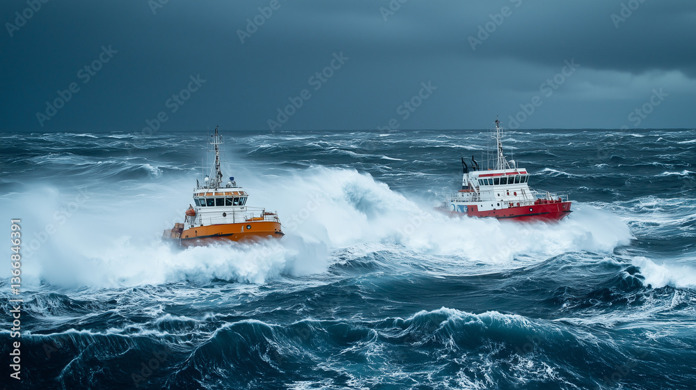 Naklejka premium Two Ships Collide Amidst Stormy Seas, Symbolizing Nature's Unpredictable Power