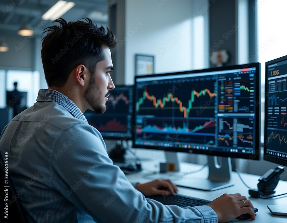 Man Analyzing Stock Market Data on Multiple Computer Screens Man Analyzing Stock Market Data on Multiple Computer Screens